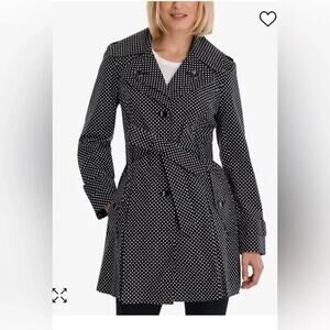 NEW London Fog Women's Small Belted Trench Coat Rain Jacket Black White Dot
